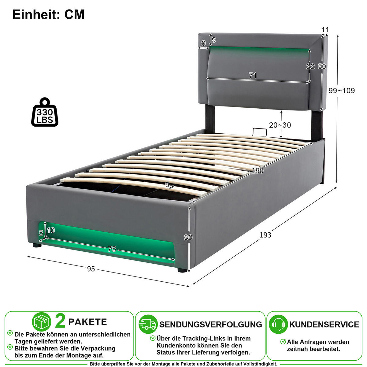 POLSTERBETT 90/190 cm in Grau mit Stauraum, LED und USB Kunstleder - Grau, Holzwerkstoff/Textil (90/190cm) - CHICFURN