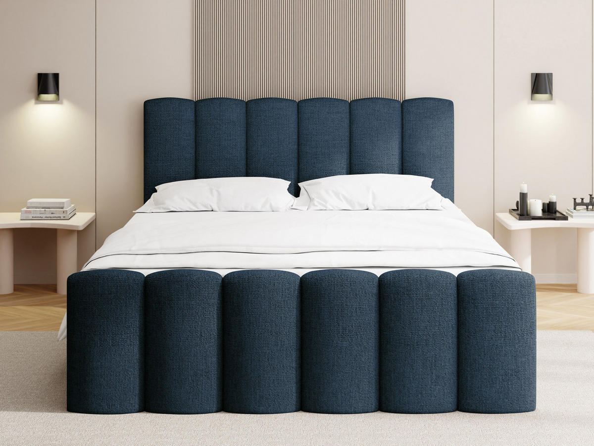 BOXBETT Serenity mit Bettkasten, Dunkelblau Chenille 160x200 cm – inkl. H4 Taschenfederkern Matratze & Foam Topper - Schwarz/Dunkelblau, Holz/Holzwerkstoff (160/200cm) - WFL GROUP