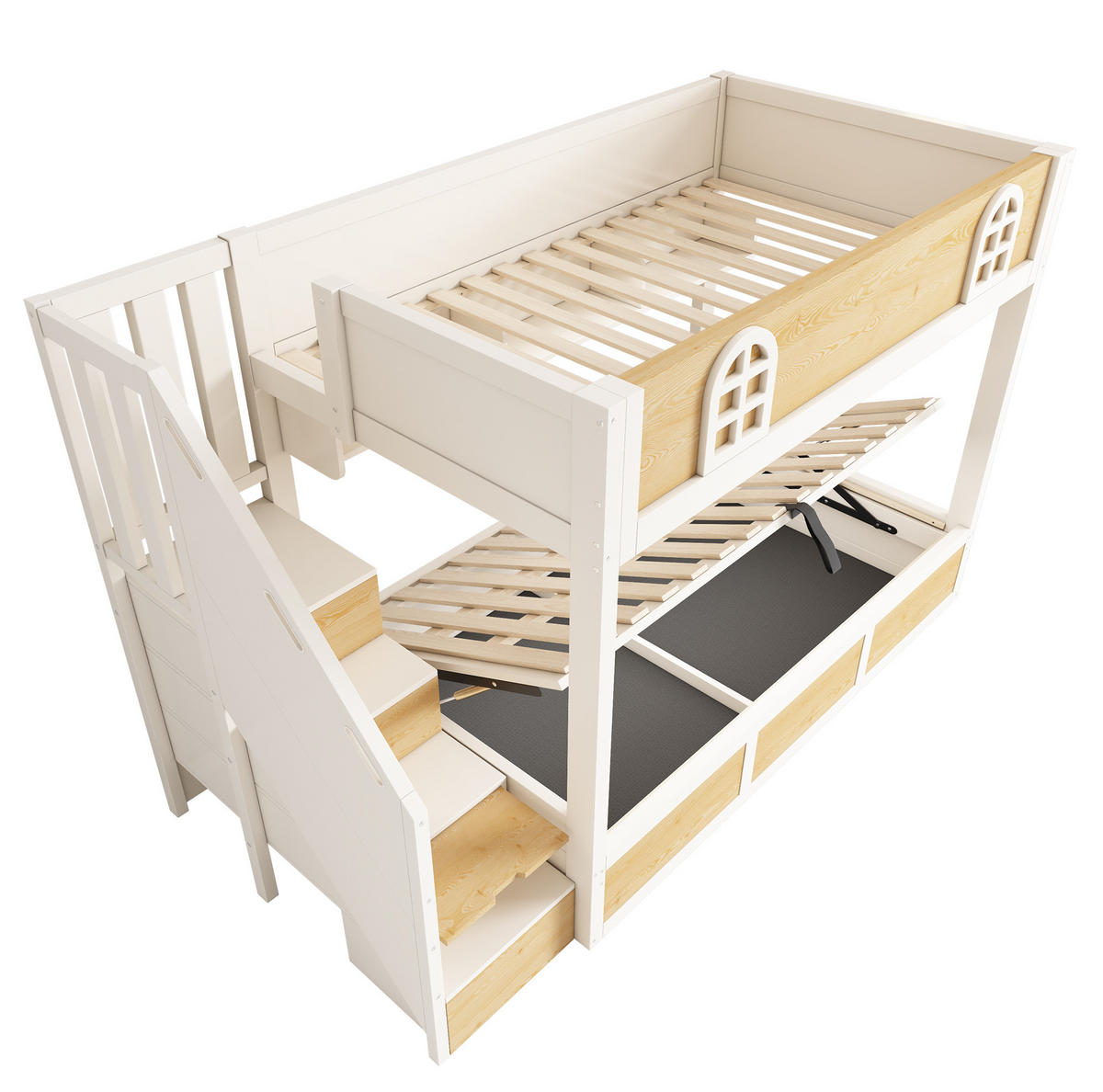 ETAGENBETT 90/200 cm in Weiß/Natur mit Treppenschrank und Stauraum - Naturfarben, Holzwerkstoff (90/200cm) - BEAOK