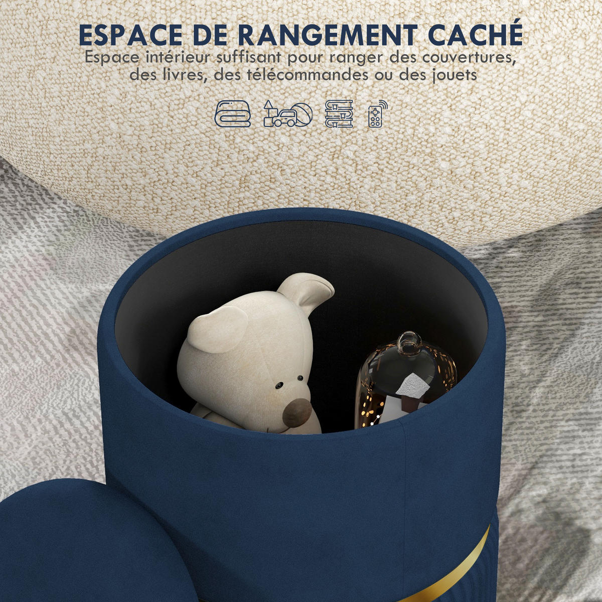 POUF DE-16385 mit Stauraum und Rippenvelours Blau - Blau, Textil (36/44/36cm) - ComfortXL