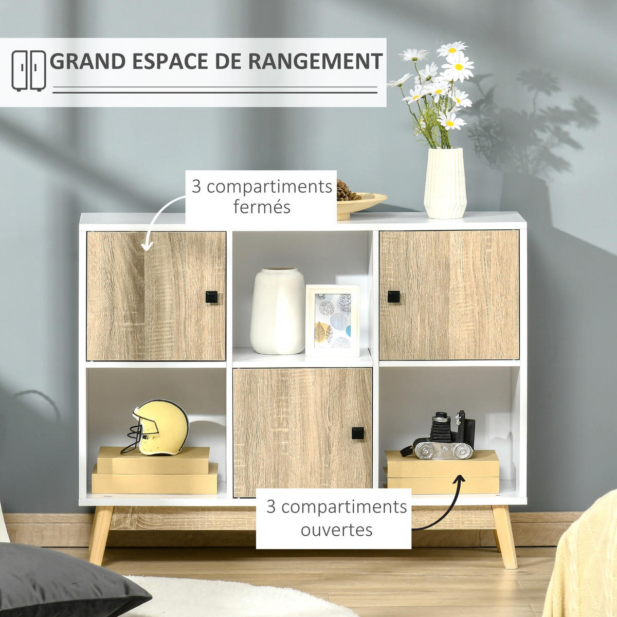 SIDEBOARD DE-11014 9 Würfel mit 3 Türen Weiß/Naturholz - Naturfarben, Holzwerkstoff (96/75/30cm) - ComfortXL