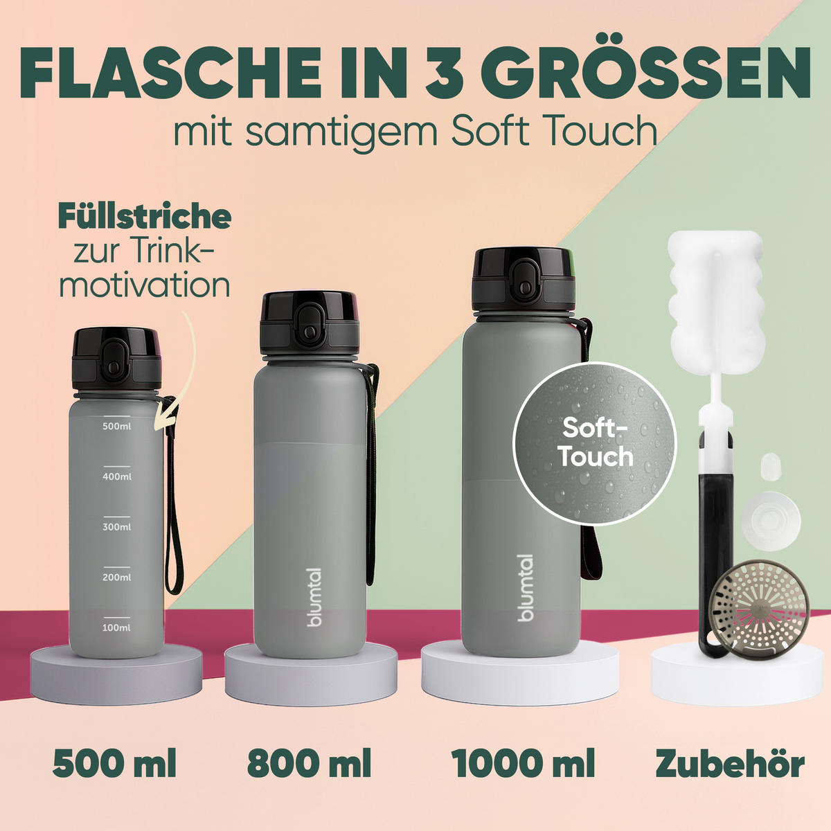 TRINKFLASCHE 1L - auslaufsichere - 1-Klick-Verschluss - BPA - freie - Grau - Grau, Kunststoff (1L) - Blumtal