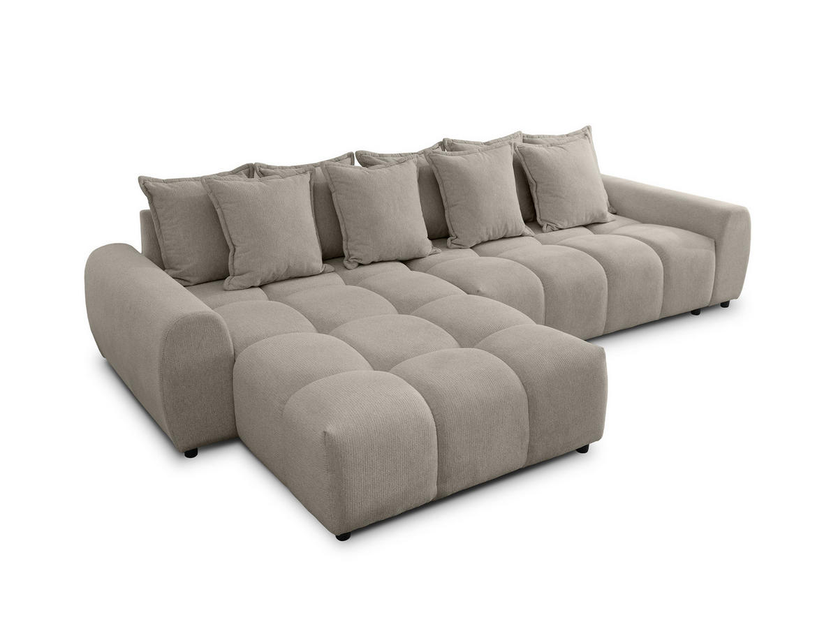 ECKSOFA Bubble mit losen Rückenkissen und Sitzfläche in Bubble-Optik aus weichem Taupe Strukturstoff mit schöner Sitzkomfort - Ottomane links - Taupe/Schwarz, Holz/Kunststoff (180/306cm) - S-Style Möbel