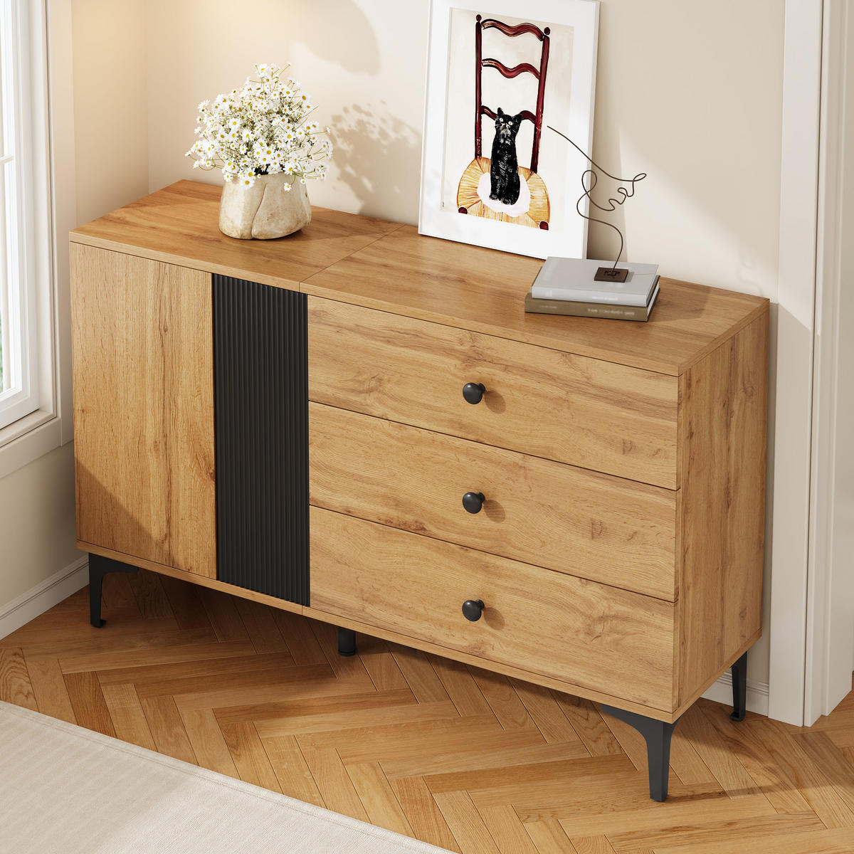 KUCHYŇSKÁ SKŘÍŇ bílá, úložný prostor, moderní minimalistický design, do obývacího pokoje, 120×35×76 cm - přírodní/černá, kov/kompozitní dřevo (120/76/35cm) - STILVORA