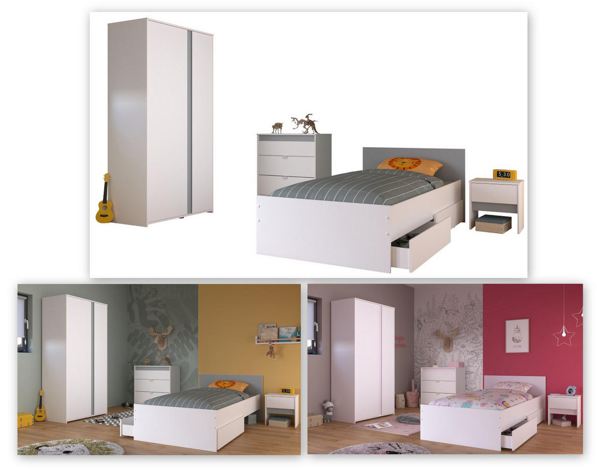 KINDERZIMMER Set 4-tlg. mit Kleiderschrank Kommode Nachttisch und Stauraumbett 90x200 - Weiß/Rosa, Holzwerkstoff/Kunststoff (100/182/203cm) - Parisot Meuble