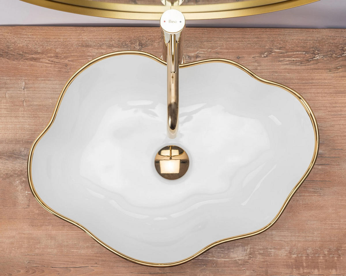AUFSATZWASCHBECKEN Rea Pearl Gold Edge - Weiß, Keramik (38/13.5/50.5cm) - REA