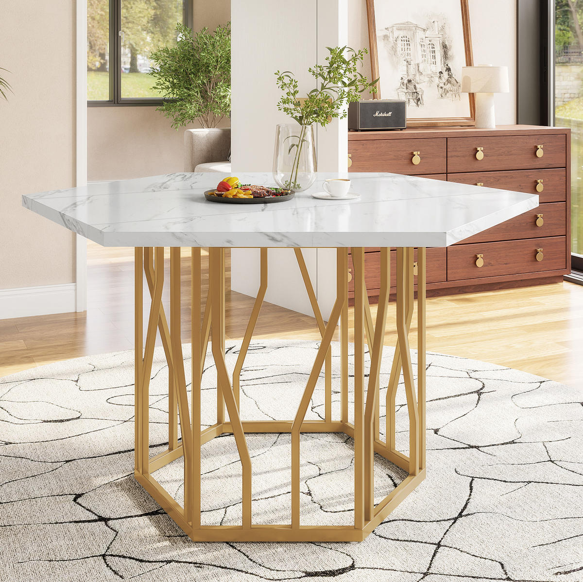 ESSTISCH sechseckig, MDF in Marmoroptik mit Metallgestell, 115,5/100/75 cm, Weiß/Gold - Goldfarben, Holzwerkstoff (115.5/100/75cm) - Redom