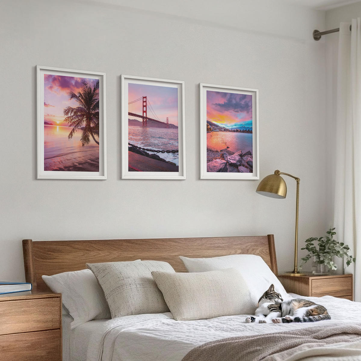 BILDER SET 3er Set - 40x60 cm Weißer Rahmen - Sonnenuntergangsbrücke Landschaft - Weiß, Kunststoff (40/60cm) - TULUP