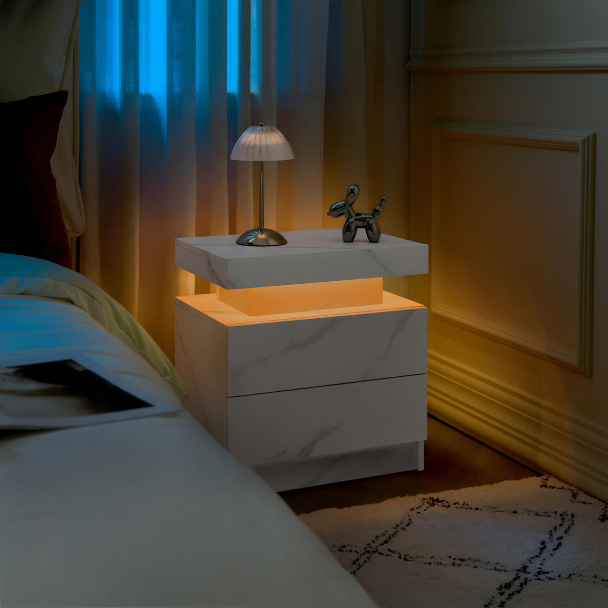 NACHTTISCH 50/53/36 cm mattweiß aus Holzwerkstoff mit LED und 2 Schubladen - Weiß, Holzwerkstoff (53/36/50cm) - OKWISH