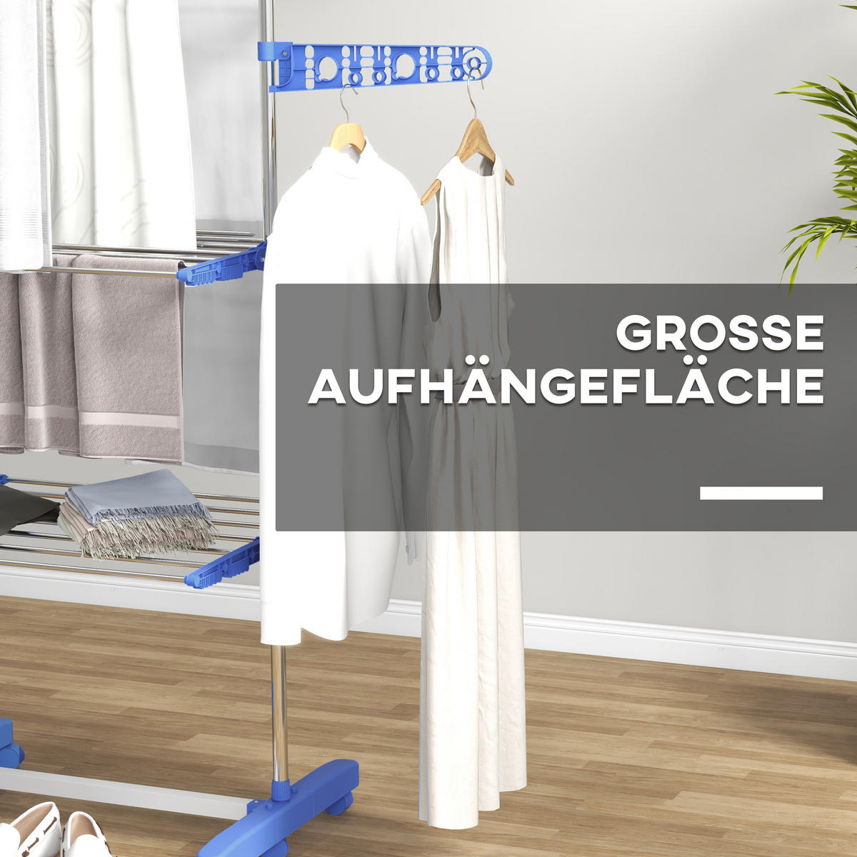 WÄSCHESTÄNDER DE-09792 4 Ebenen klappbar mit 6 Rollen Blau+Silber - Blau, Metall (142/152/55cm) - ComfortXL