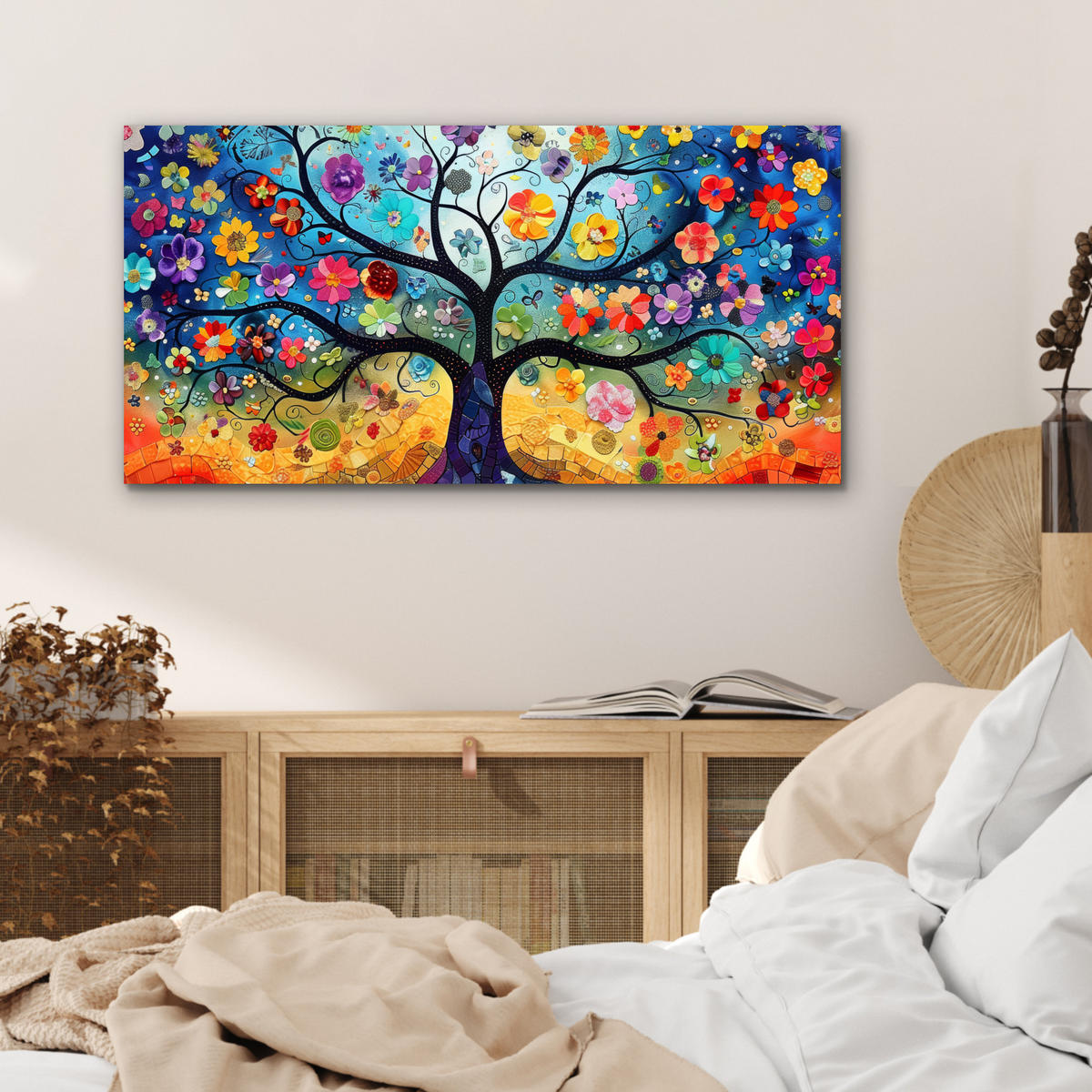KOVOVÝ OBRAZ Umenie - Strom života - Kvety - Hippie 80x40 cm - tmavomodrá, kov (80/40cm) - MuchoWow