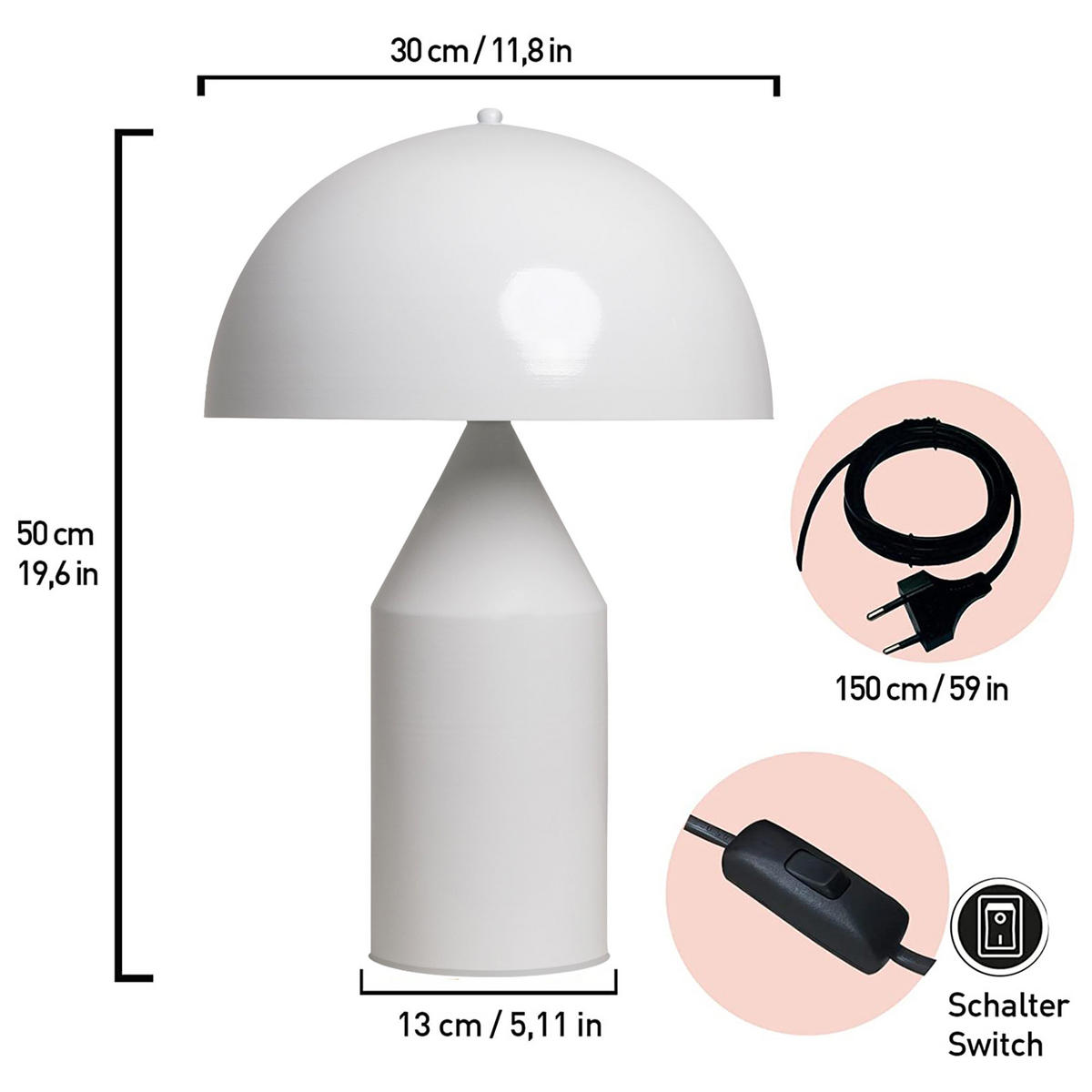 TISCHLEUCHTE Pilzlampen 50/30 - Weiß, Metall (50/30/45cm) - Bamyum