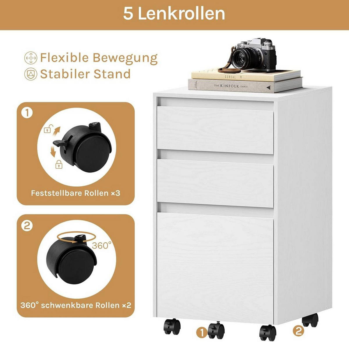 ROLLCONTAINER, Aktenschrank, 40x70x40 cm, Weiß+Schwarz - Weiß, Holzwerkstoff (40/70/40cm) - Woltu