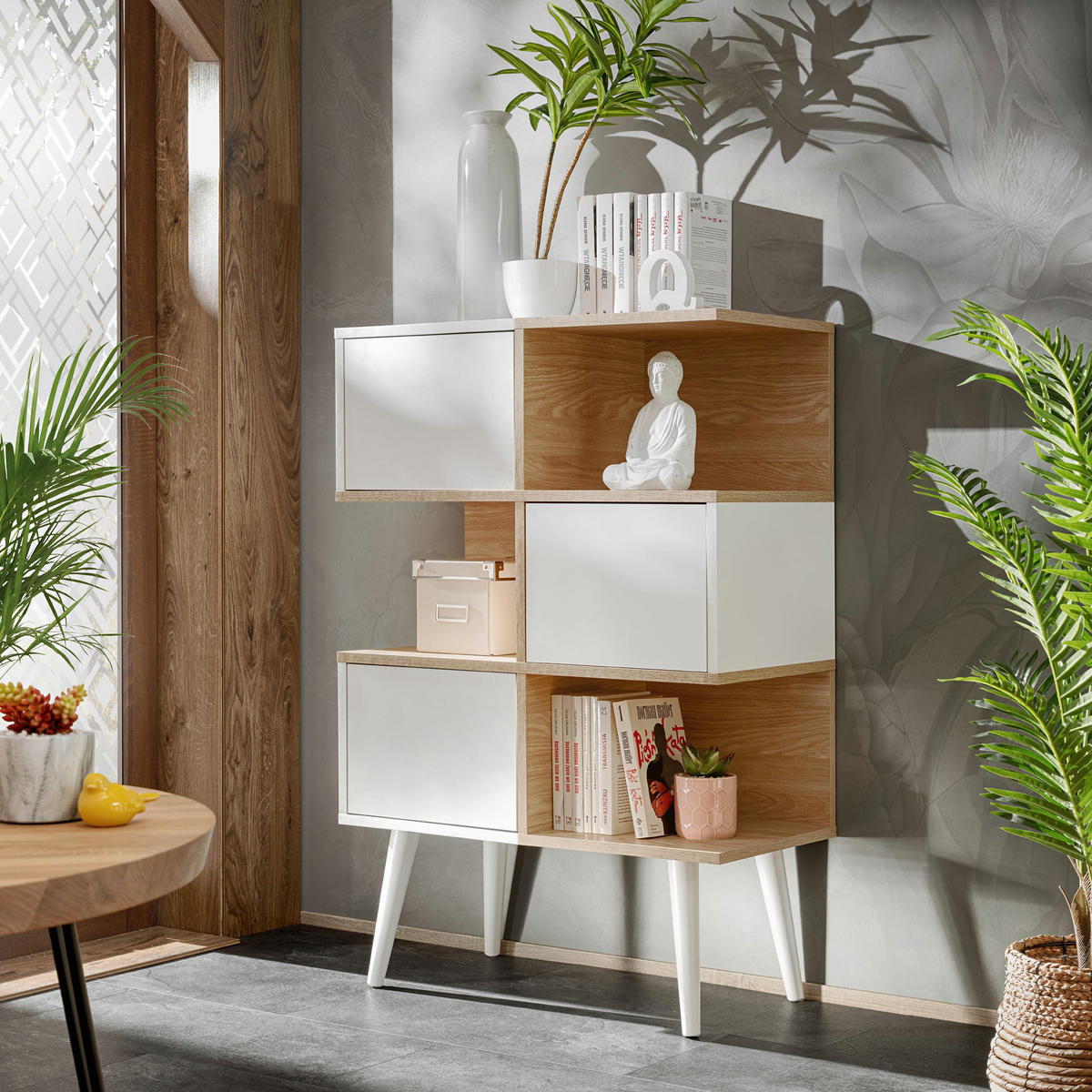 SIDEBOARD FORIO, 3 Türen, 6 Fächern, Eiche/Arktik Weiß - Eichefarben/Weiß, Holz/Holzwerkstoff (70/102/35cm) - Komodee