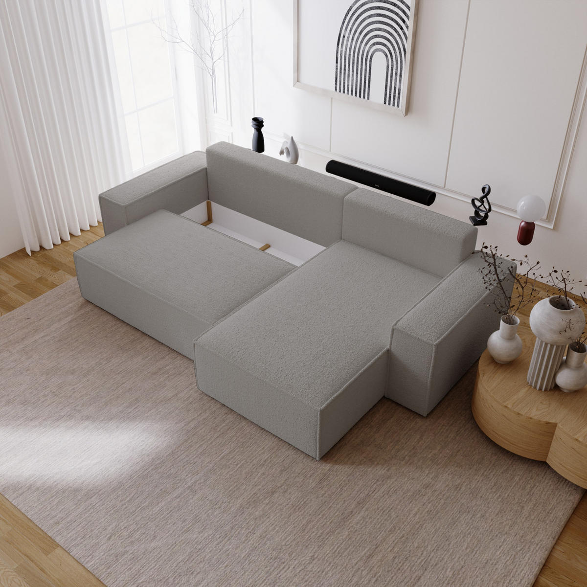 ECKSOFA Bouclé 280 cm Bergamo L mit Bettkasten, Schlaffunktion, Rechts - Hellgrau - Hellgrau, Holz (189/277cm) - Emporius