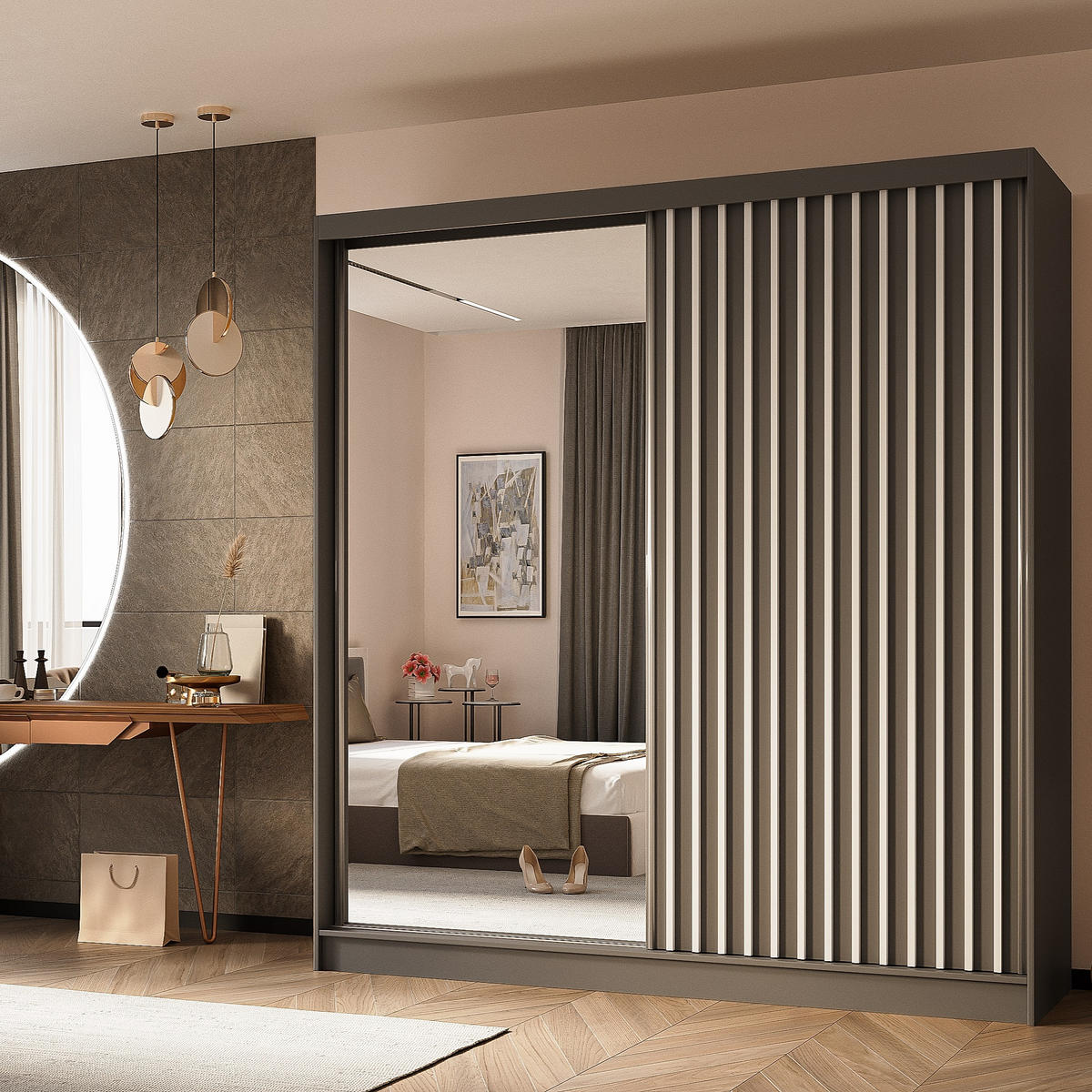 SCHWEBETÜRENSCHRANK LAMELLO 200/216/61 cm 2-türig mit Spiegel Grau - Grau, Holzwerkstoff (200/216/61cm) - MASSENO