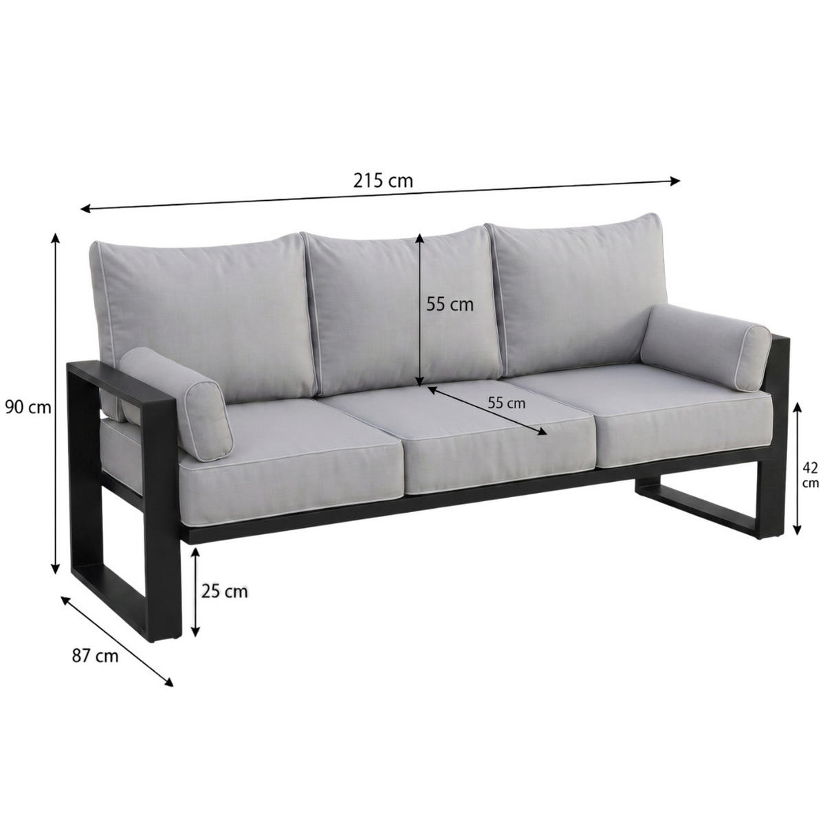 LOUNGESOFA 3-Sitzer Verdino mit Metallrahmen 215 cm Hellgrau - Beige, Metall (215/90/87cm) - Beautysofa