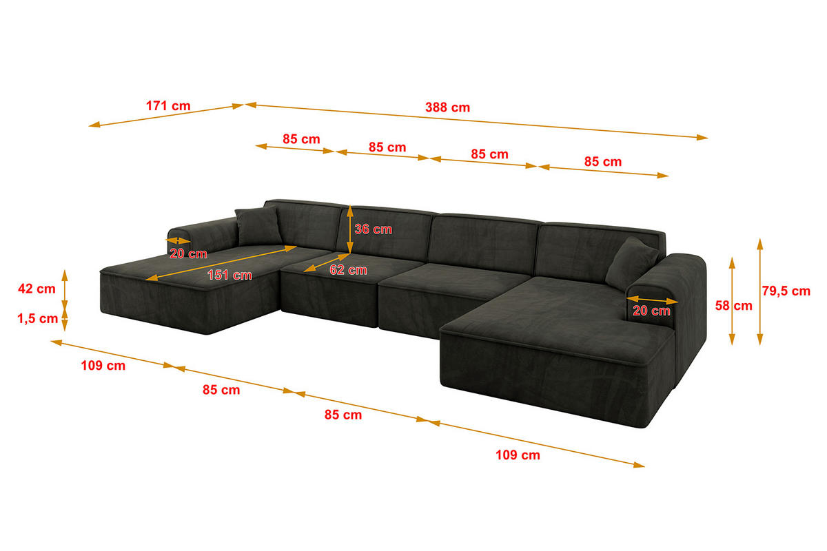 WOHNLANDSCHAFT IREA-U2-v3 - 388x171x79 cm Schwarz - Schwarz, Holzwerkstoff/Textil (388/79/171cm) - ALTDECOR