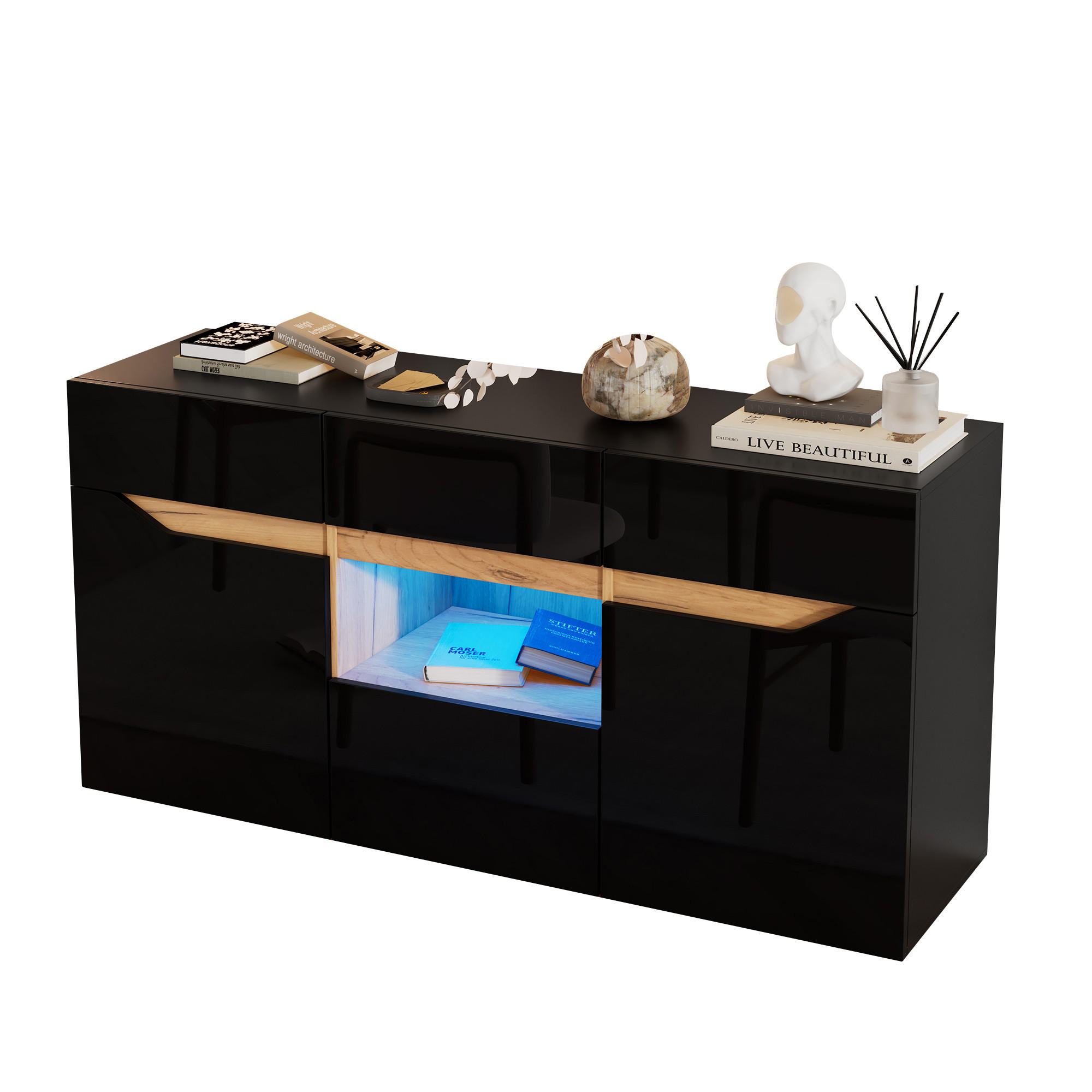 STILVORA KUCHYŇSKÁ SKŘÍŇ v černé a přírodní barvě s LED osvětlením a zásuvkami do obýváku, 140×40×70 cm