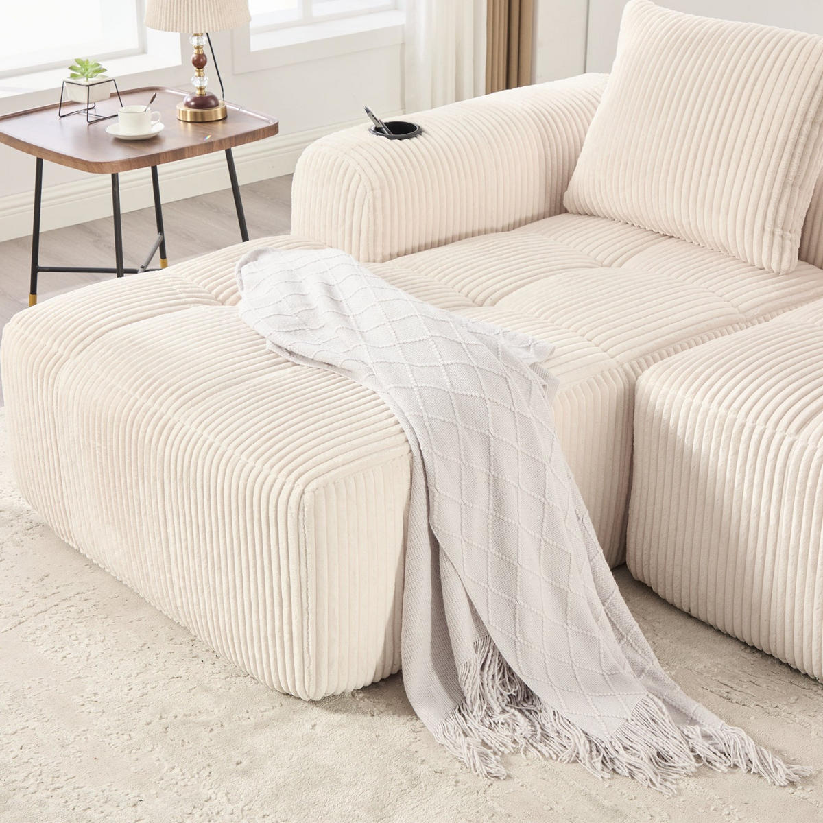 ECKSOFA mit Seitentasche und Getränkehalter, inkl. Kissen, Beige - Beige, Textil (253/61/158cm) - Kaket