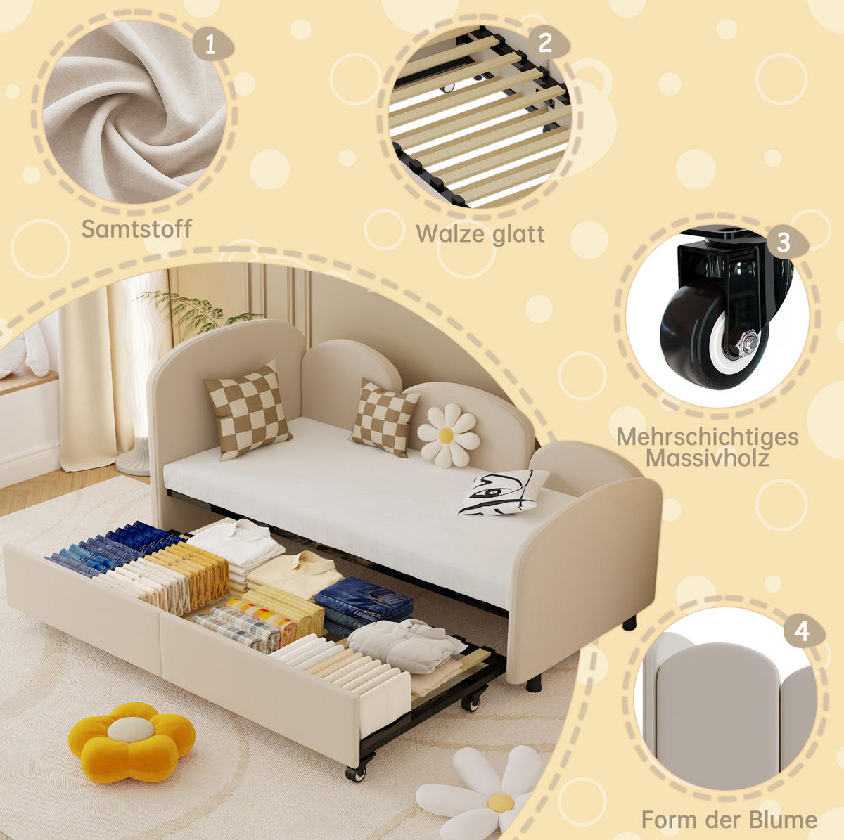 POLSTERBETT 90/200 cm Beige aus Samt und Eisen mit Schublade - Beige, Textil (90/200cm) - OKMYHOME