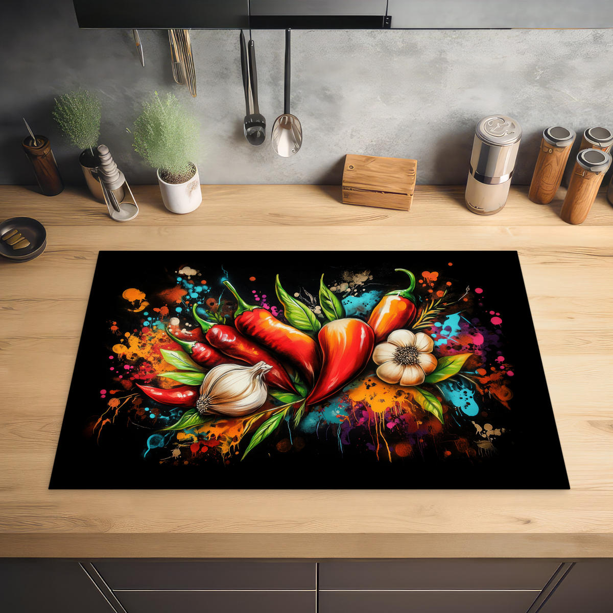 HERDABDECKPLATTE Gemüse - Paprika - Knoblauch - Graffiti - Farbe - Bunt 80x52 cm - Rot, Kunststoff (80/0.2/52cm) - MuchoWow