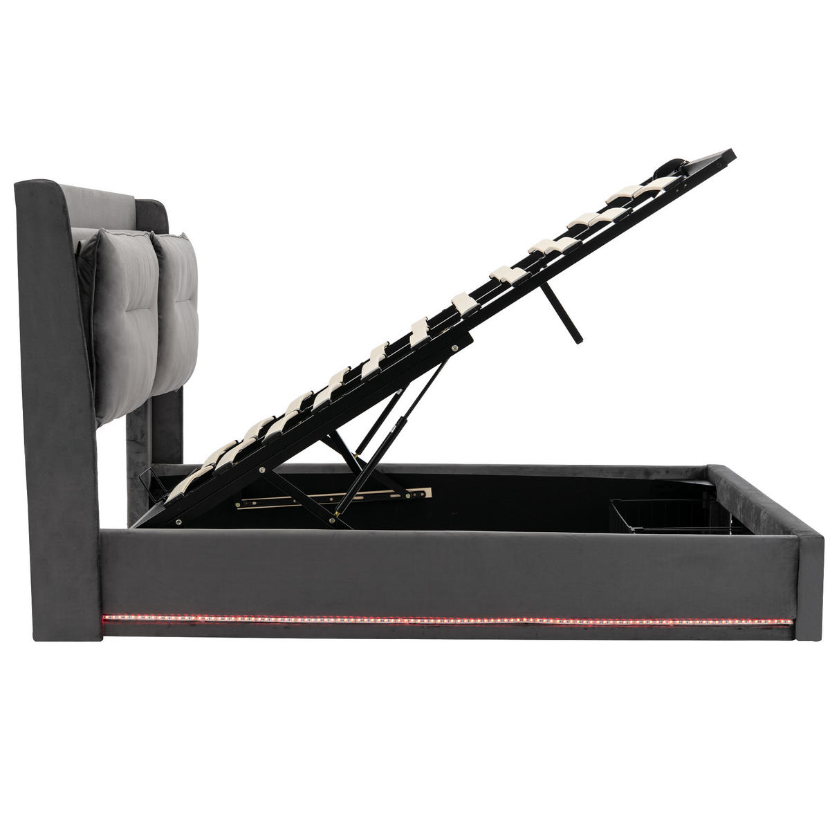 POLSTERBETT 160/200 cm Dunkelgrau mit hydraulischem Bettkasten und LED-Beleuchtung - Dunkelgrau, Textil (160/200cm) - OKWISH