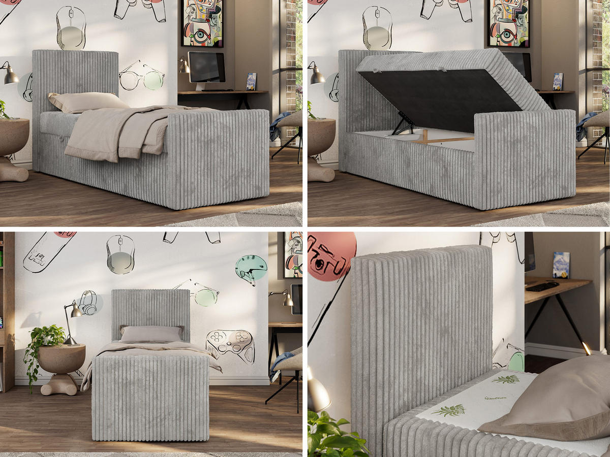 JUGENDBETT TILIO DUO 90/200 - Hellgrau Cord - H4 - Links Seite - Hellgrau, Textil (90/200cm) - MKS