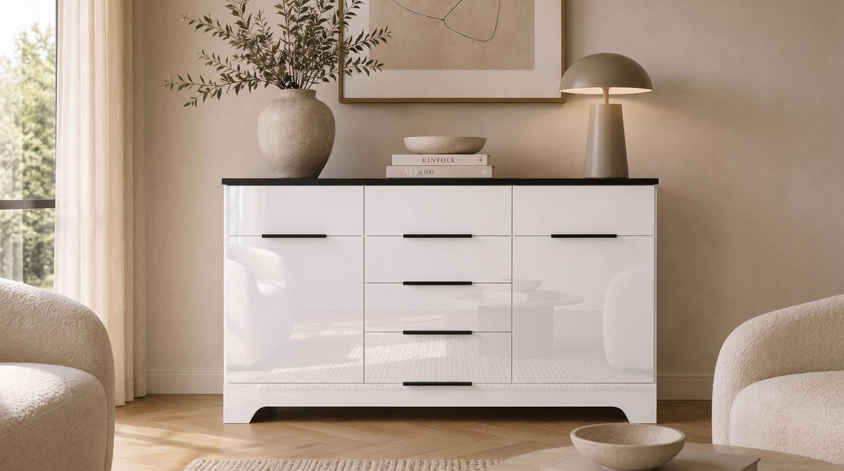 SIDEBOARD Verona weiß / weiß Hochglanz 121 / 45 / 91cm - Schwarz/Weiß, Holz/Holzwerkstoff (121/91/45cm) - Feldmann-Wohnen