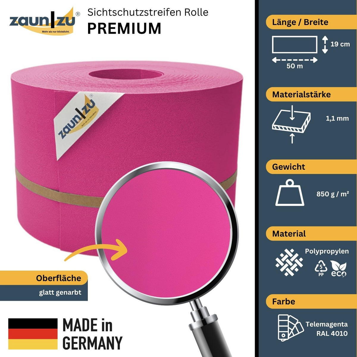 SICHTSCHUTZSTREIFEN Premium für Doppelstabmatten Zaunblende Pink, 50m - Pink, Kunststoff (5000/19cm) - ZAUN|ZU