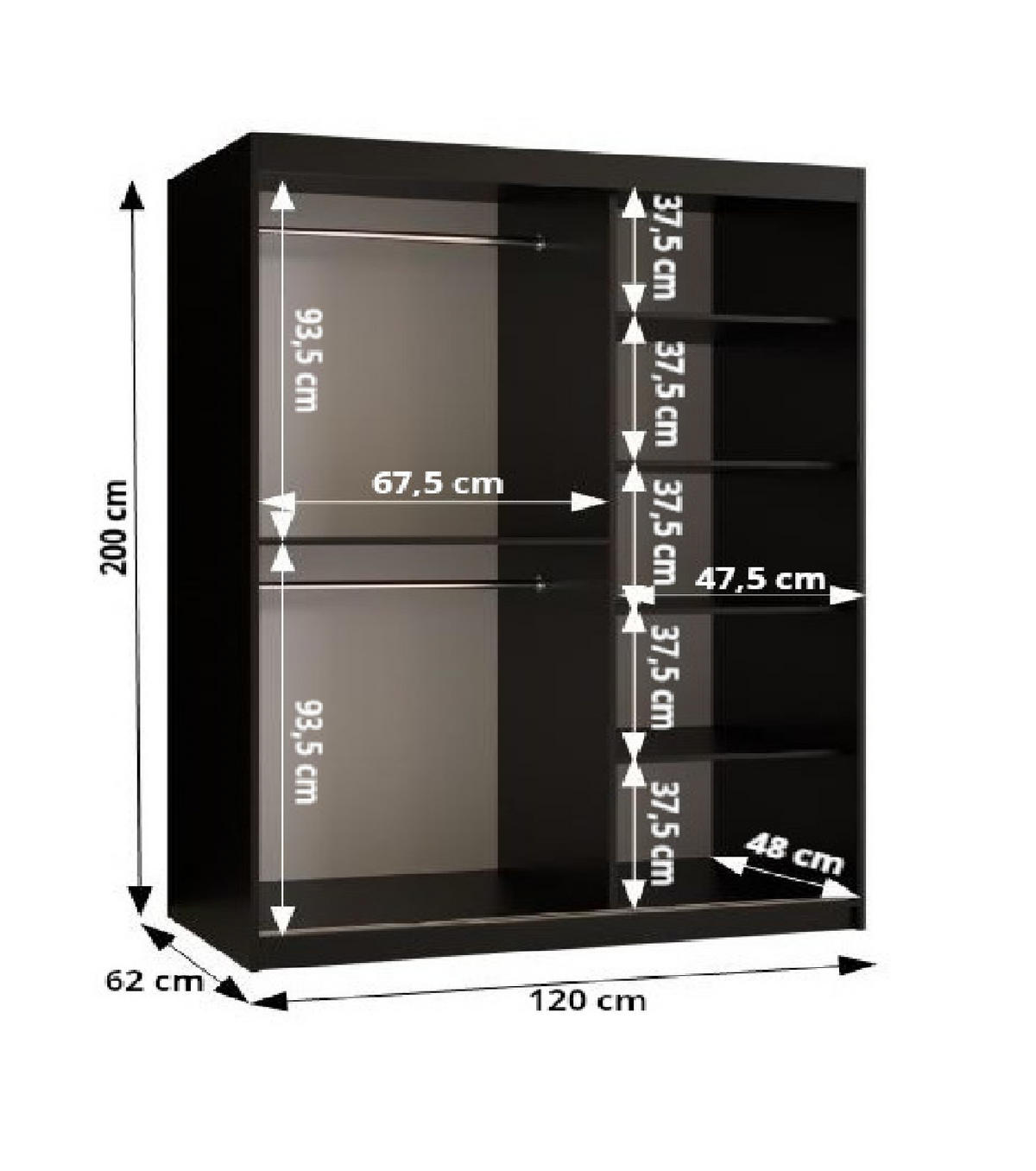 SCHWEBETÜRENSCHRANK 200/120/62 2-türig - Goldfarben/Schwarz, Holz/Kunststoff (120/200/62cm) - MÖBEL KRYSPOL