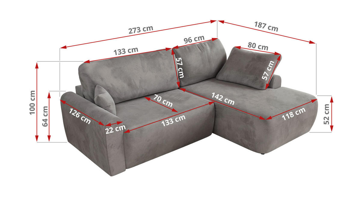 ECKSCHLAFSOFA CUBO L Hellgrau Velvet - rechts - Hellgrau/Schwarz, Kunststoff/Textil (187/273cm) - MKS