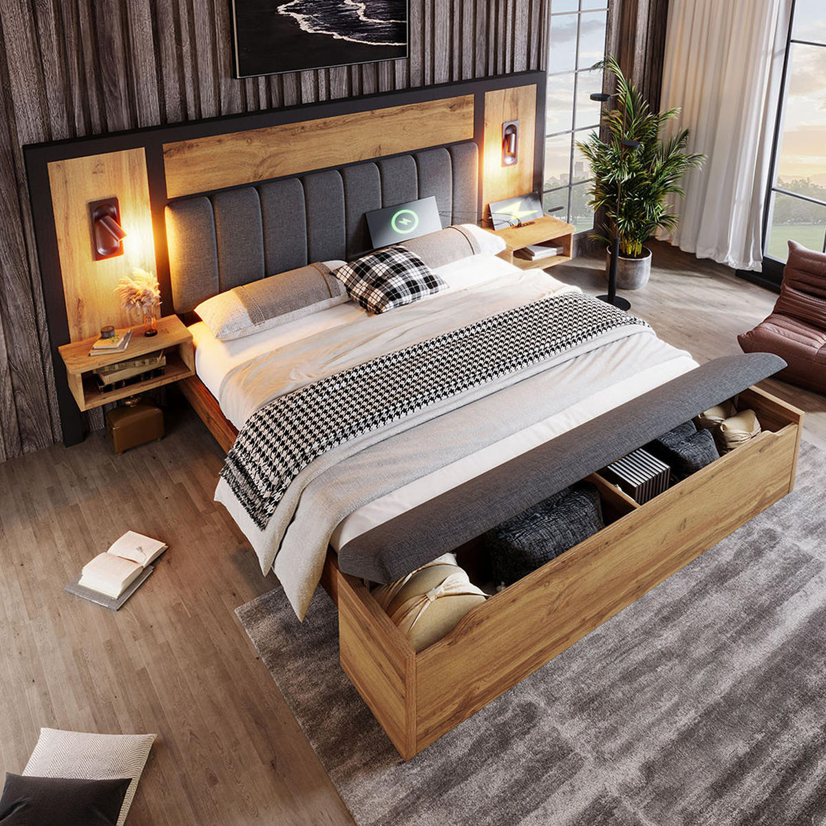 DOPPELBETT 160×200 cm mit Leselampe und USB C in Eiche - Wildeiche, Holz (160/200cm) - KOMHTOM