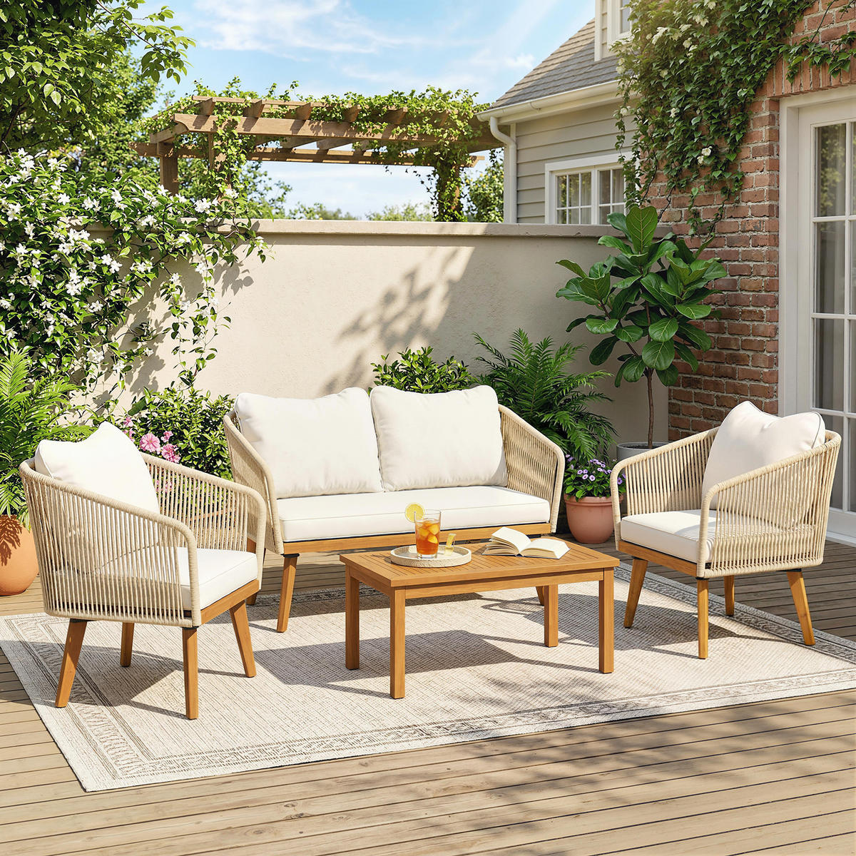RATTAN-GARTENMÖBEL-SET 4er Set PP-Rattan Stahl Cremeweiß - Creme/Akaziefarben, Kunststoff/Textil - Outsunny