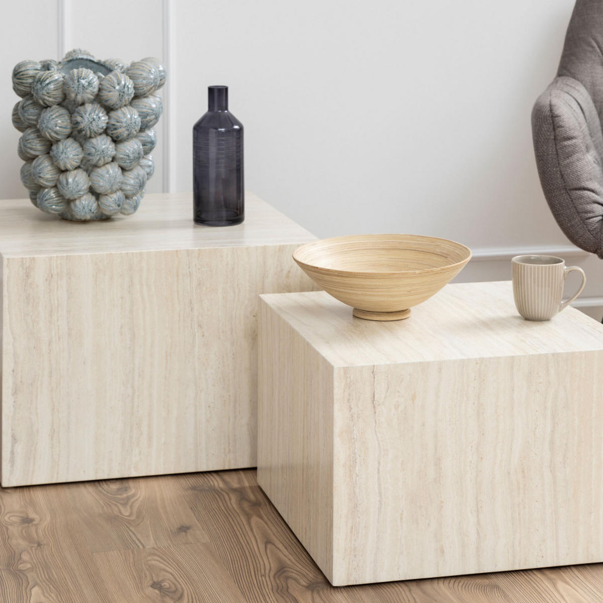 COUCHTISCH - Set aus 2 quadratischen Beistelltischen im Travertin-Effekt - Beige - Beige, Papier (58/58/40cm) - Drawer