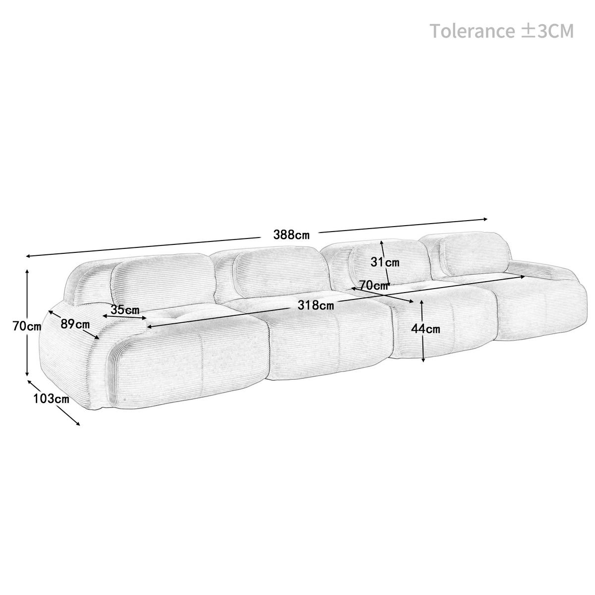 4-SITZER SOFA Cord Braun frei kombinierbar - Braun, Textil (388/75/103cm) - WISHDOR