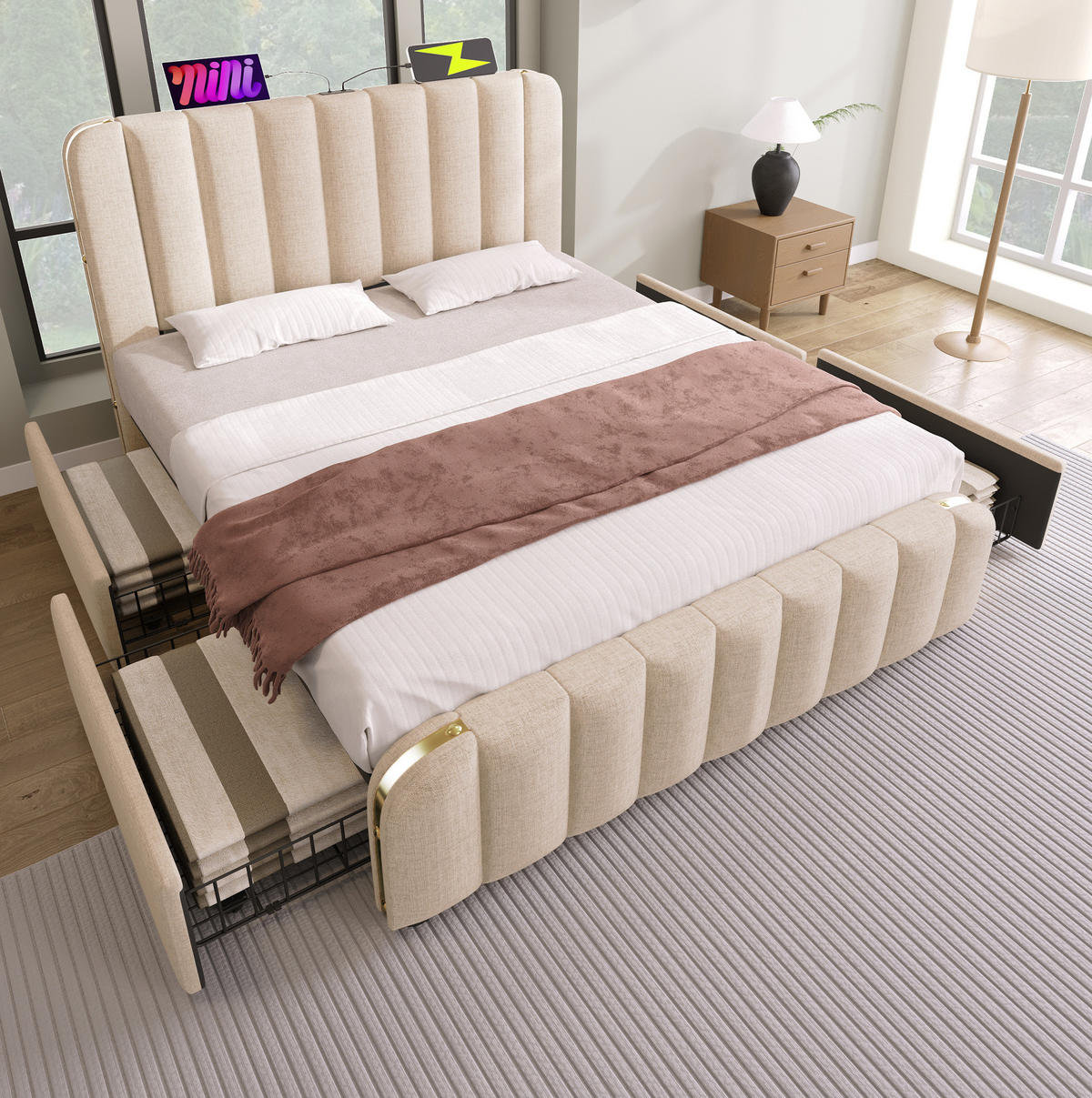 POLSTERBETT mit Matratze, USB und 4 Schubladen 160x200 cm Beige Leinen - Beige, Metall (160/200cm) - Meubliv