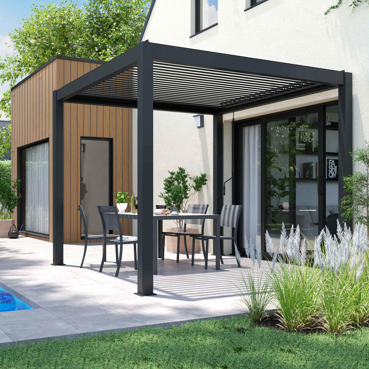 PERGOLA 3x3m, motorisiert mit 3 Markisen, Grau - Grau, Metall (296/257/296cm) - Oviala