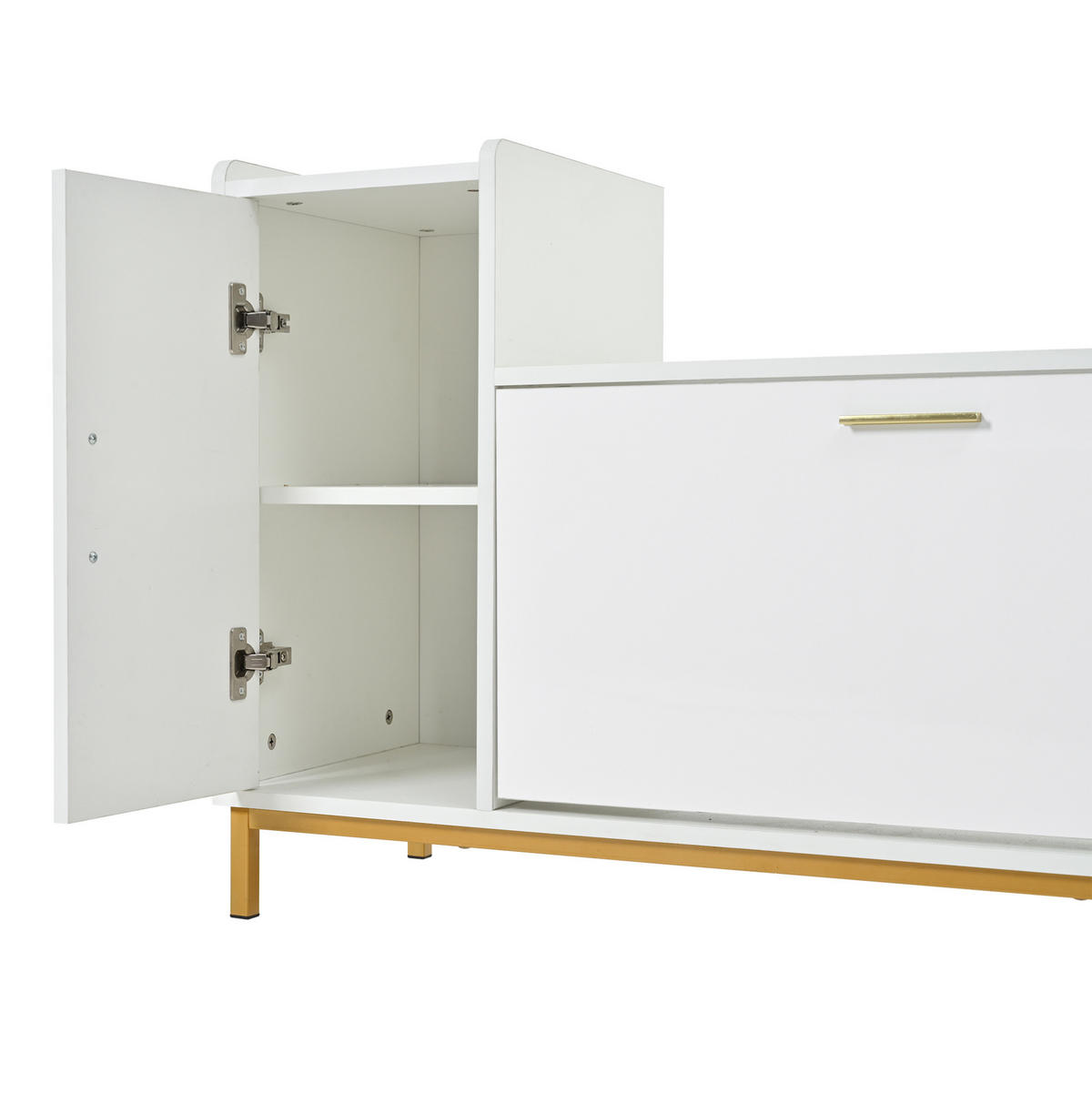 SCHUHSCHRANK 100/38/68 cm in Weiß/Gold mit Sitzkissen und Hochglanzfront - Weiß, Holzwerkstoff (100/68/38cm) - Flora Grace