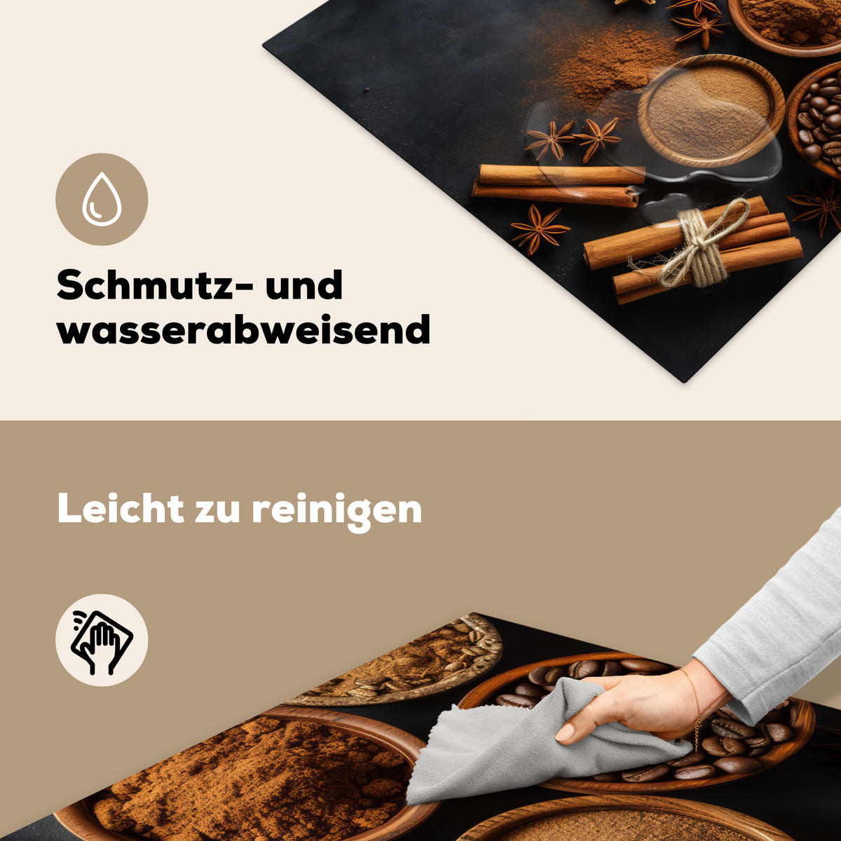 HERDABDECKPLATTE Zimt - Beton - Kaffee - Zimtstangen - Gewürze Induktionsmatte 77x59 cm - Mokka, Kunststoff (77/59/0.2cm) - MuchoWow