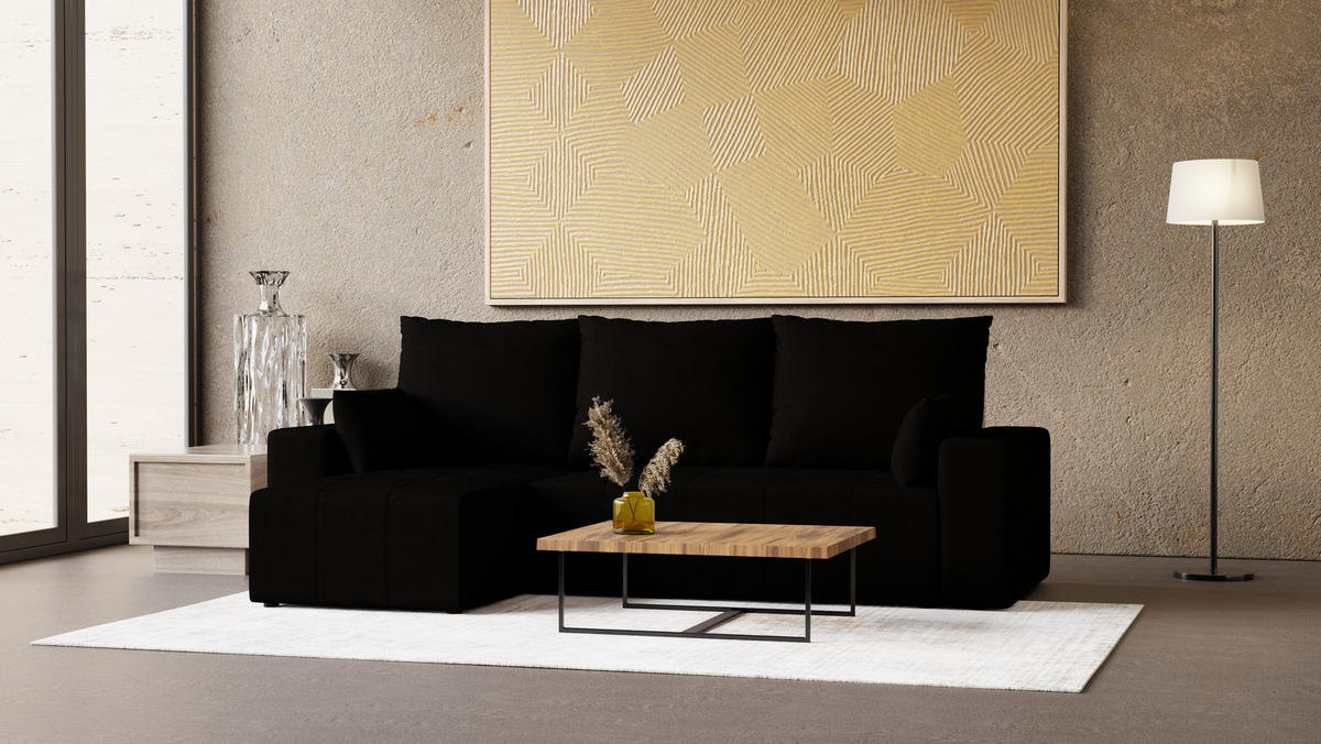 ECKSOFA Tico mit Bettkasten und Schlaffunktion, L-Form/XL-Form, Velourstoff, Universal - Schwarz, Holzwerkstoff (246/145cm) - 4ALL HOME