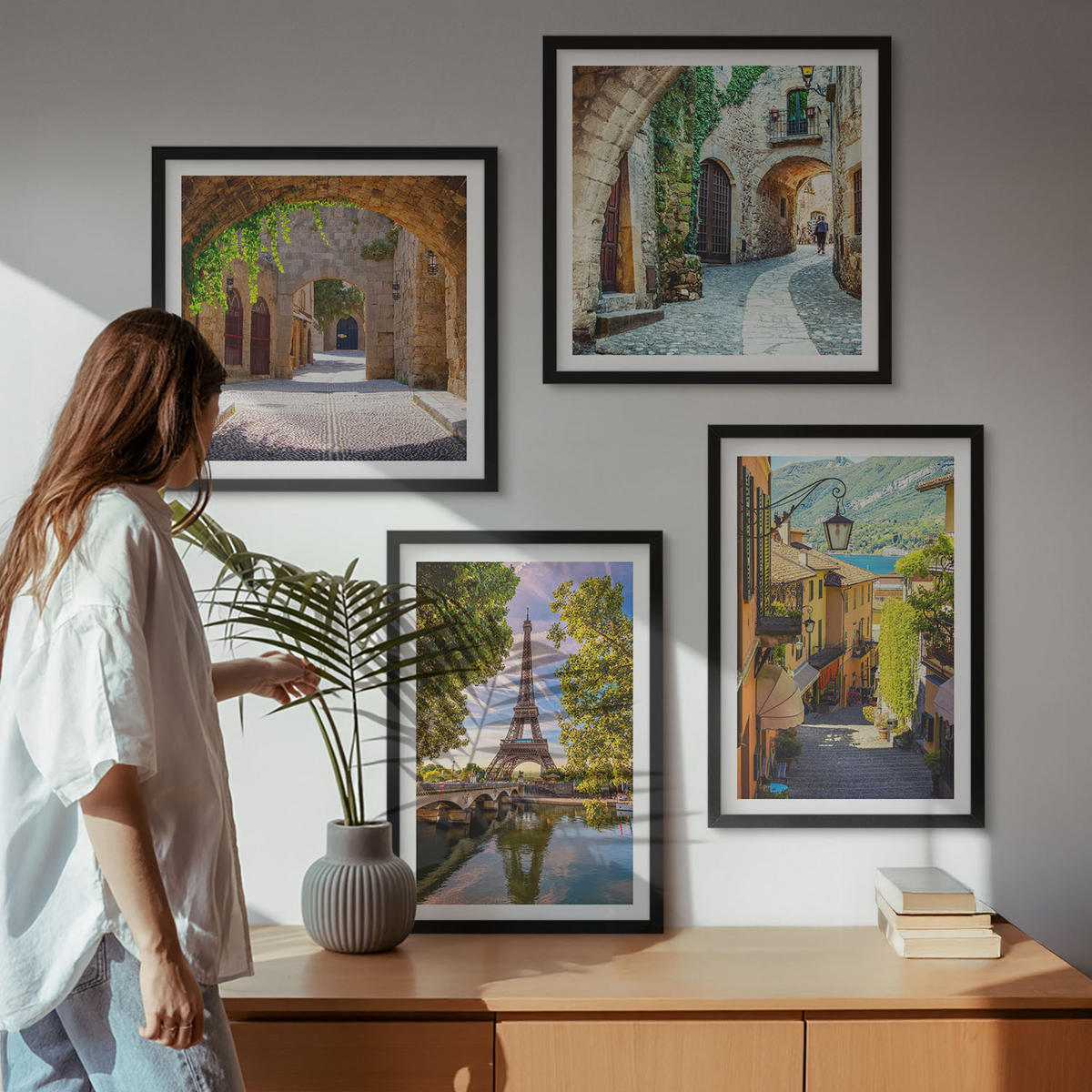 BILDER SET 4er Set - 50x50 cm & 40x60 cm Schwarzer Rahmen - Eiffels Straßenarchitektur - Schwarz, Kunststoff (50/50cm) - TULUP