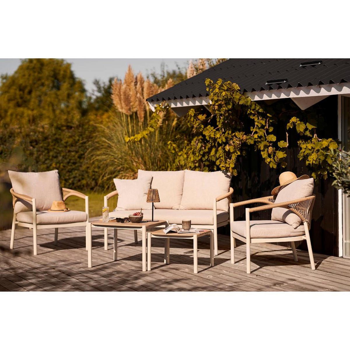 LOUNGE-SET, Bella, Tisch Natur, Stühle Sand, Metall / Polyester, 109 x 56 x 42 cm, 5-teilig - Naturfarben, Metall - ebuy24