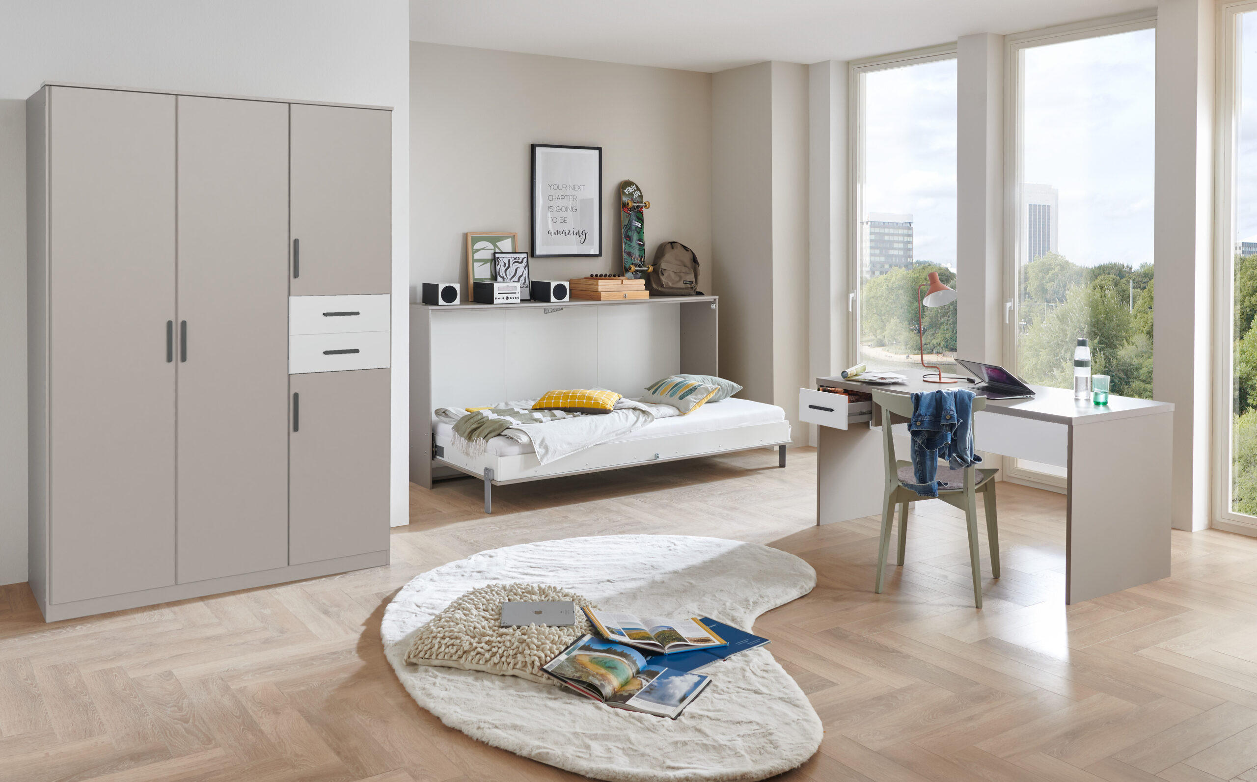 JUGENDZIMMER Bahamas Saharagrau- Weiß 4 teilig mit Drehtürenschrank und Klappbett - Grau, Holzwerkstoff (80/200/120cm)