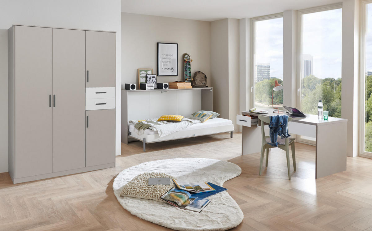 JUGENDZIMMER Bahamas Saharagrau- Weiß 4 teilig mit Drehtürenschrank und Klappbett - Grau, Holzwerkstoff (80/200/120cm)