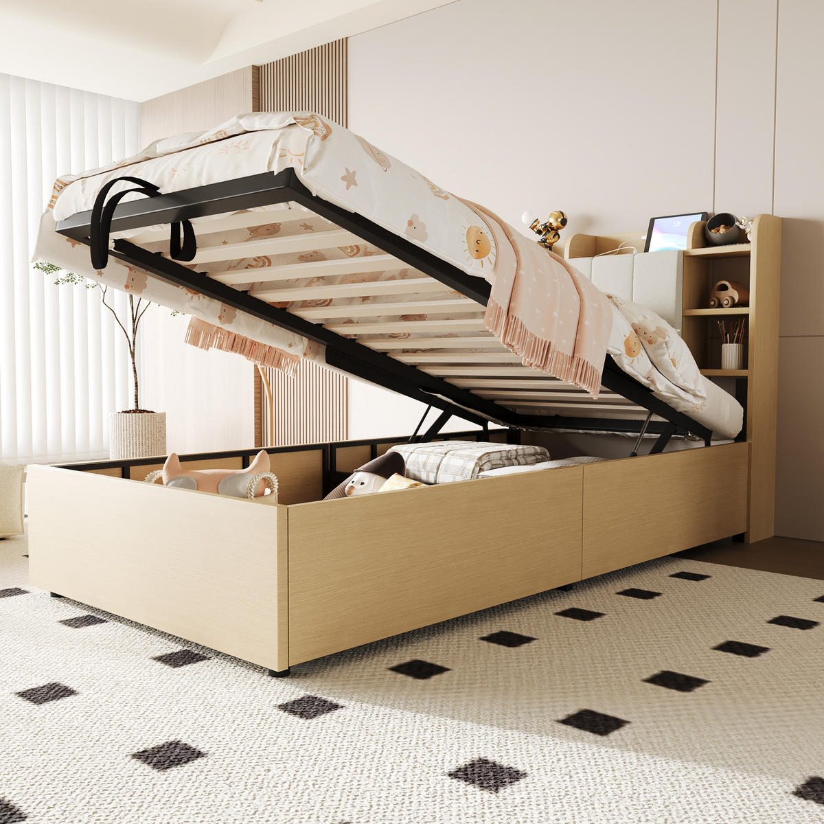 HOLZBETT 90/200 cm mit hydraulischem Bettkasten und USB-Anschluss, Naturholz - Naturfarben, Holzwerkstoff (90/200cm) - OKWISH