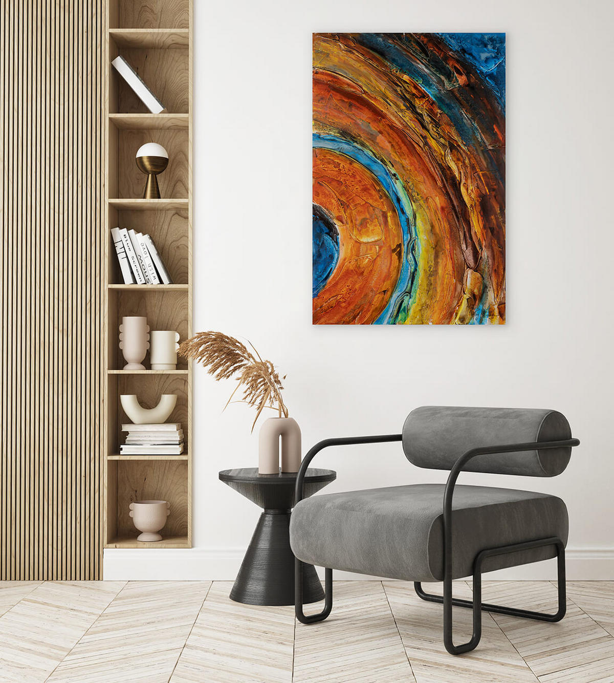 ACRYLBILD HANDGEMALT 60/90 cm - Blau/Kupferfarben, Holz/Textil (60/90cm) - KUNSTLOFT
