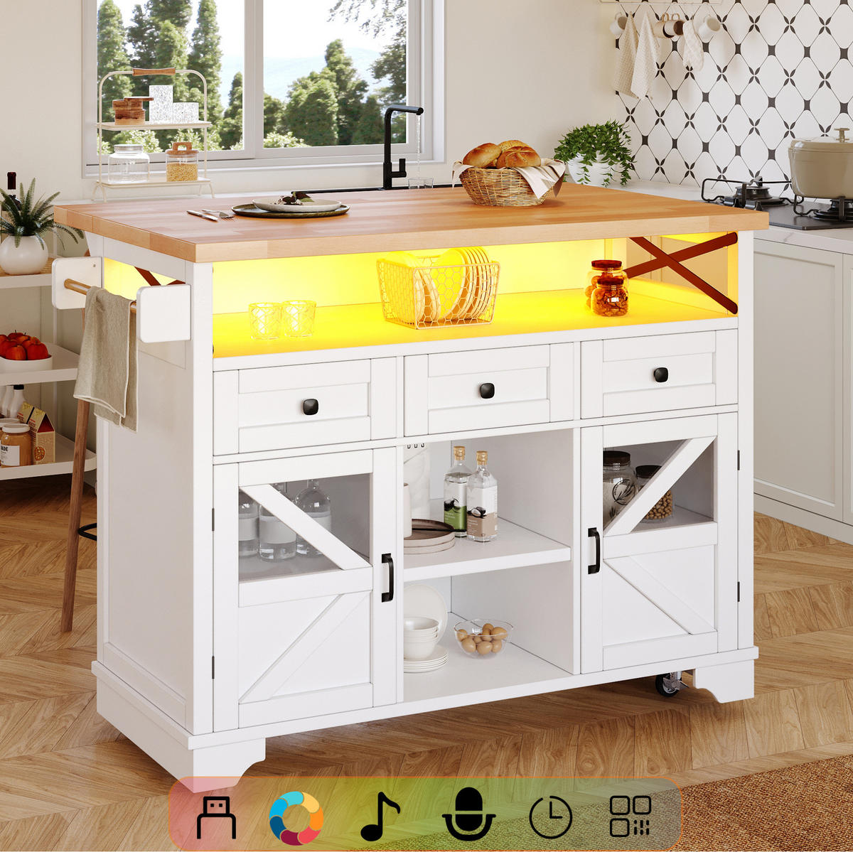 KÜCHENWAGEN mit Klapptisch, LED und Stauraum 120 cm Weiß - Weiß, Holz (71/98/120cm) - Beauniv