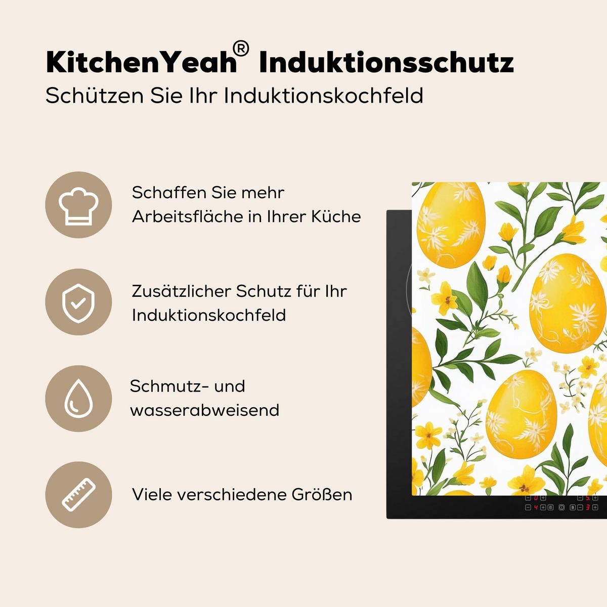 HERDABDECKPLATTE Blumen - Ostereier - Gelb Induktionsmatte 78x78 cm - Gelb, Kunststoff (78/78/0.2cm) - MuchoWow