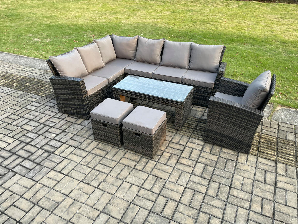 BALKONMÖBEL-SETS mit Ecksofa,Länglicher Couchtisch,Stuhl,2 Hockern Polyrattan Dunkelgrau 9-Sitzer - Dunkelgrau/Grau, Glas/Kunststoff - Fimous